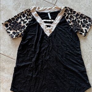 Celeste Black V-Neck Tee with Leopard Print Sleeves and Cream Trim